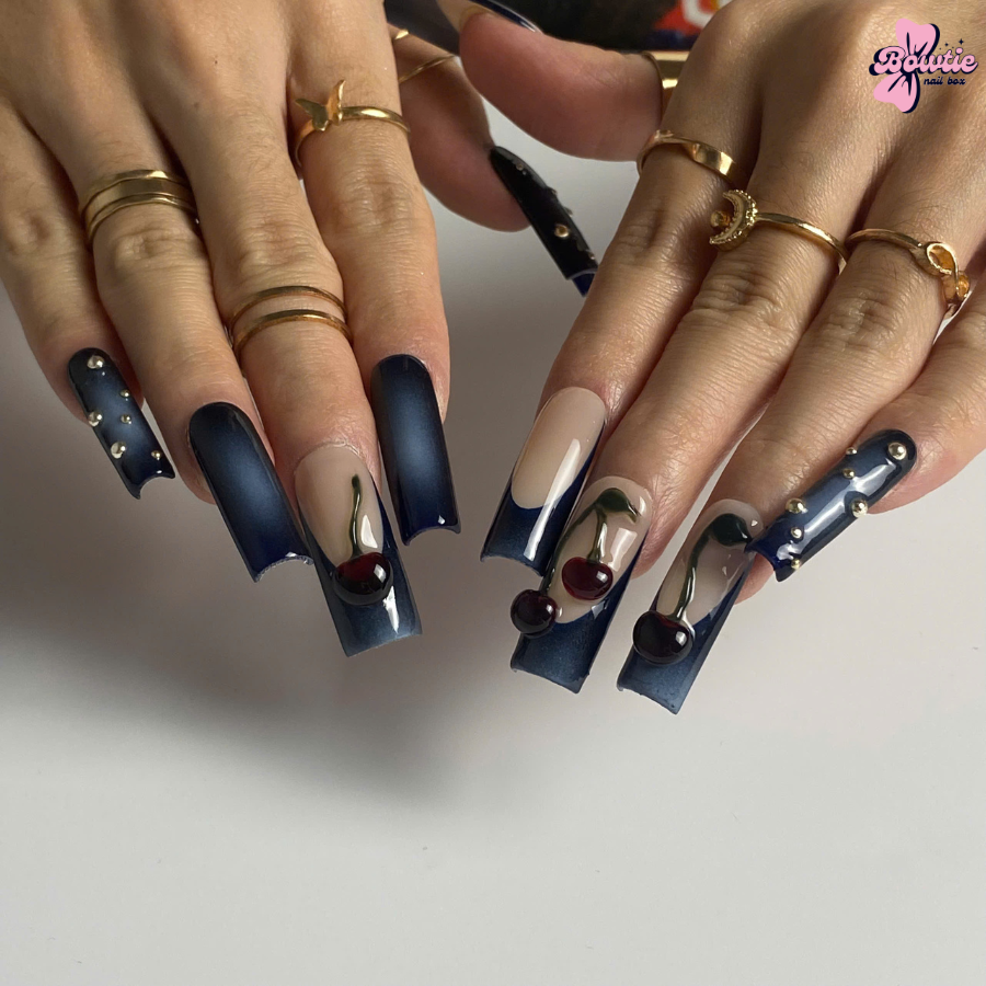 3D Midnight Cherry Glam Nails – Elegant & Unique Cherry Blossom Nail Art Design