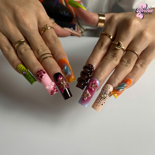 Fruity Pop Art Nails – 3D Floral Charms & Bold Color