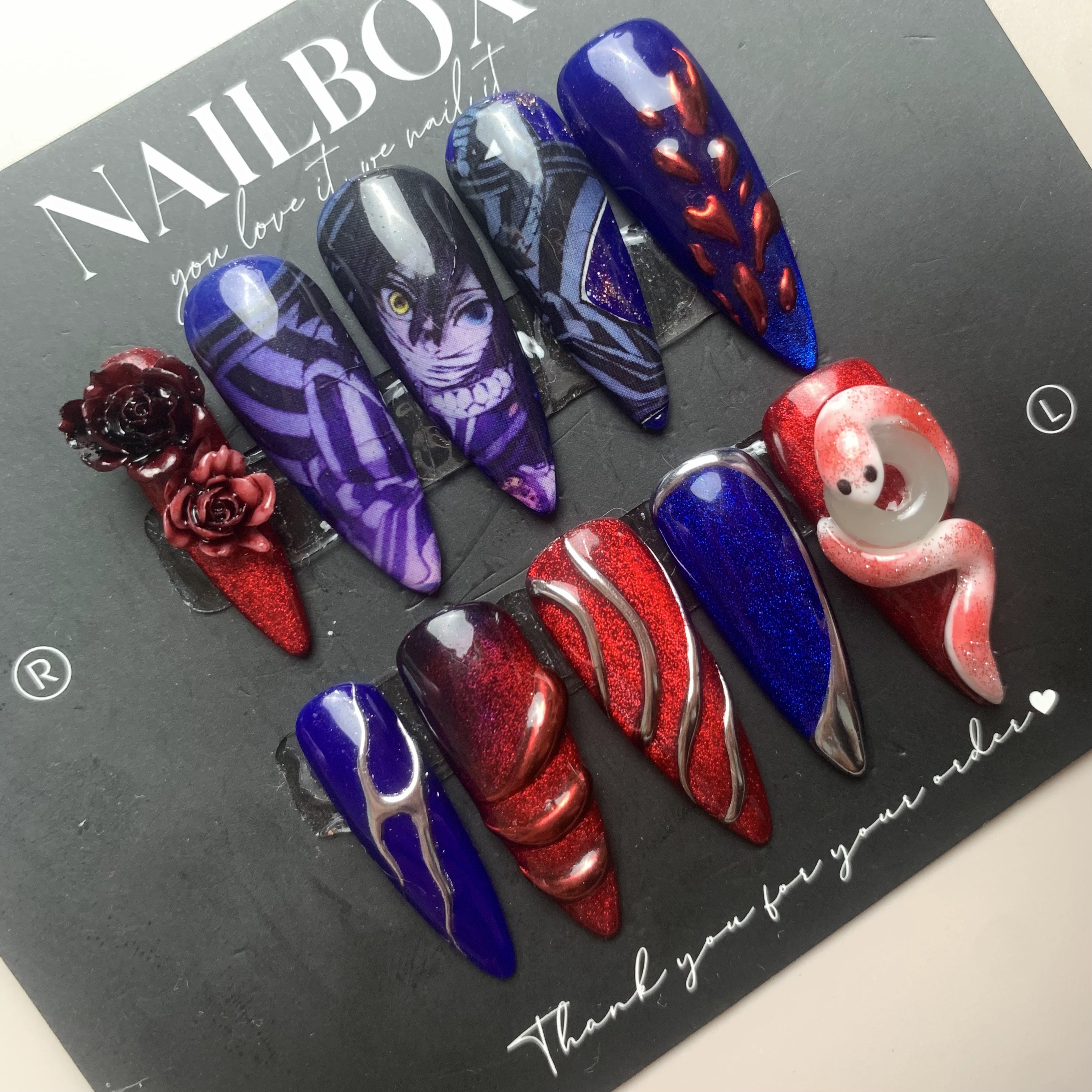 Demon Slayer Obanai Inspired Handmade Press-on Nails - Blue & Burgundy with Character Art & 3D Snake