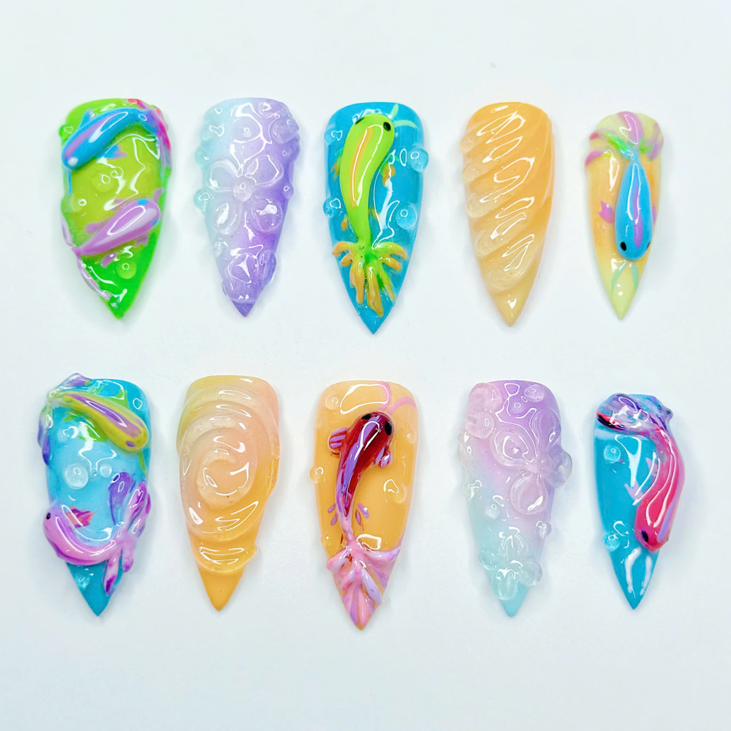 Underwater Fantasy 3D Nail Art – Hand-Painted Fish & Bubbles Ocean Summer Nails