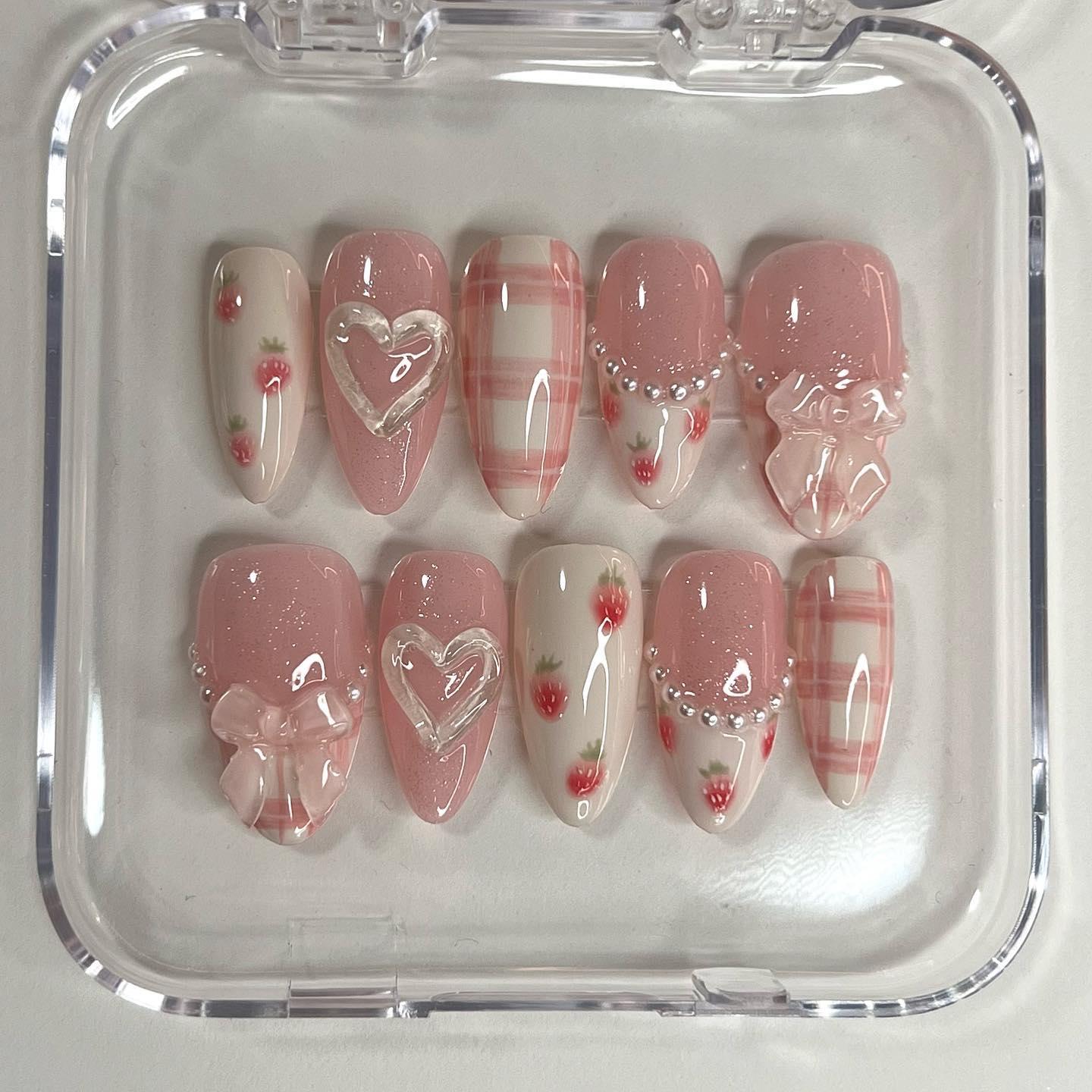 Strawberry Sweetheart Nails – Pink Plaid & 3D Bow with Pearls