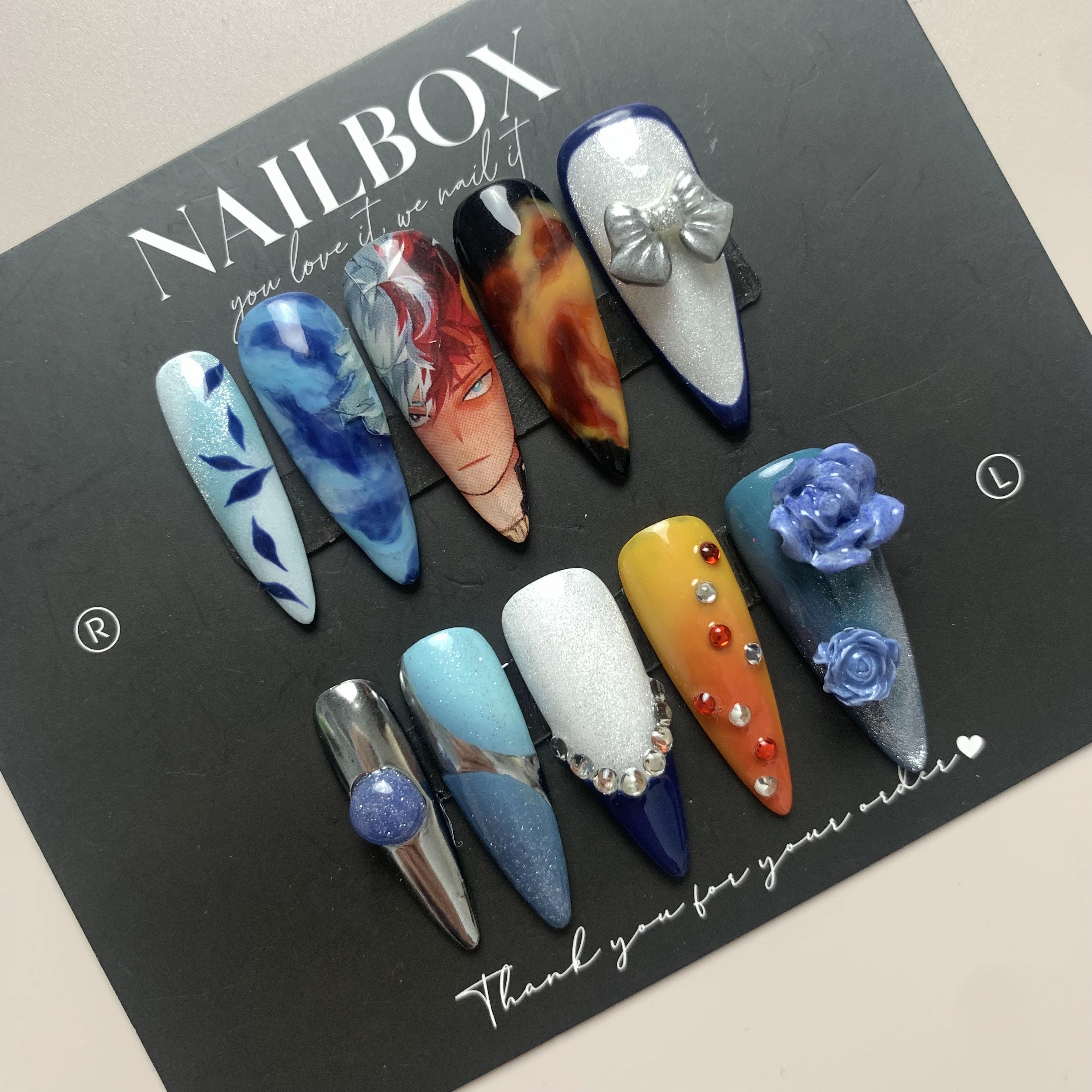 My Hero Academia Todoroki Shoto Inspired Handmade Anime Press-on Nails - Fire & Ice with Character Art