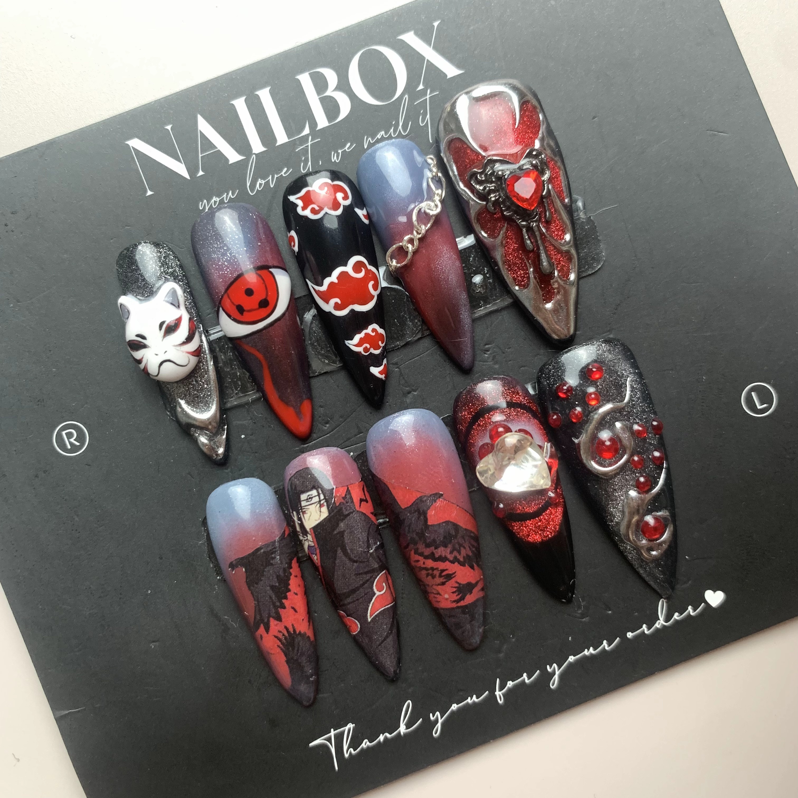 Itachi Uchiha Inspired Handmade Anime Press-on Nails - Black & Red with Sharingan Eye & 3D Mask