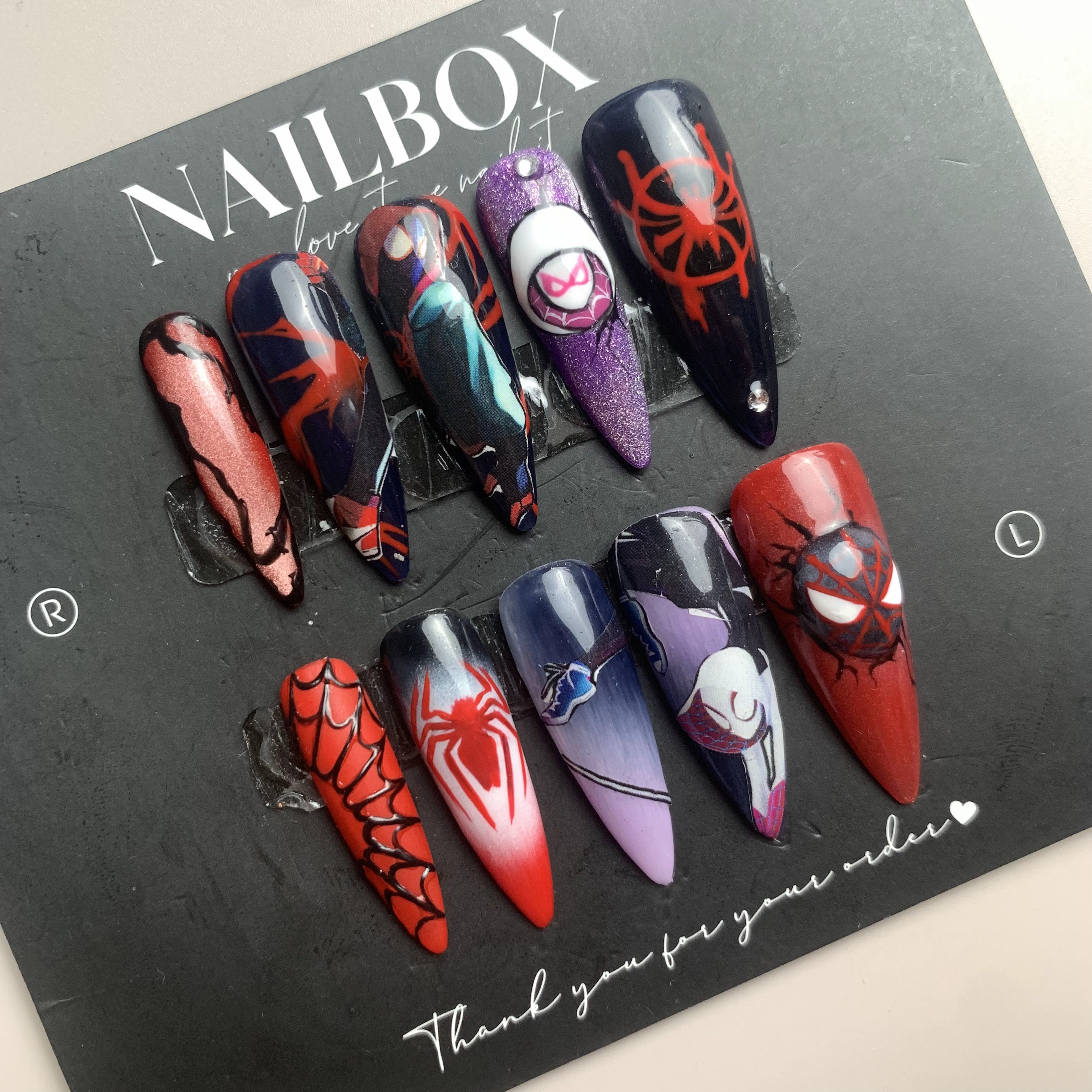 Spider-Verse Miles & Gwen Inspired Handmade Press-on Nails - Red, Blue & Purple with Character Art & Spider Logos