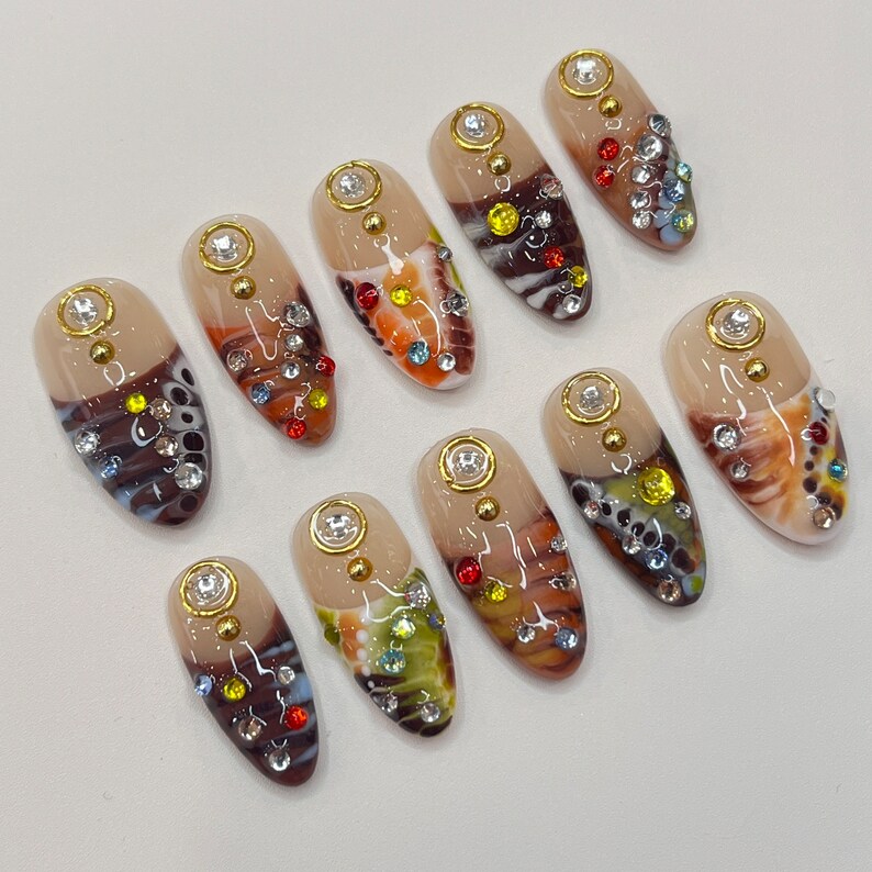 Gemstone Swirl Nails – Rhinestone Marble Press-On Nails