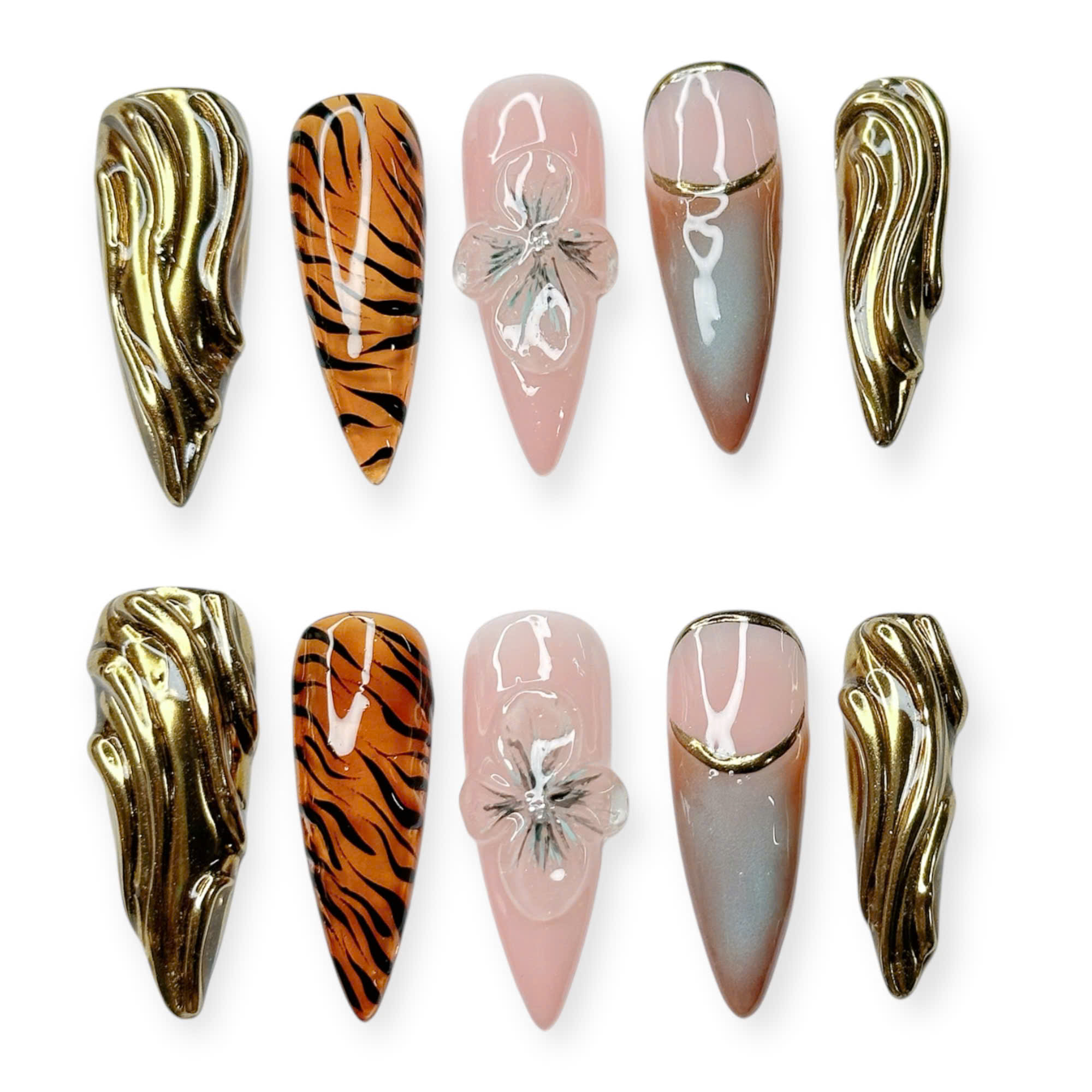 Tiger Chic Animal 3D Floral Print & Metallic Gold Accents Press-On Nails