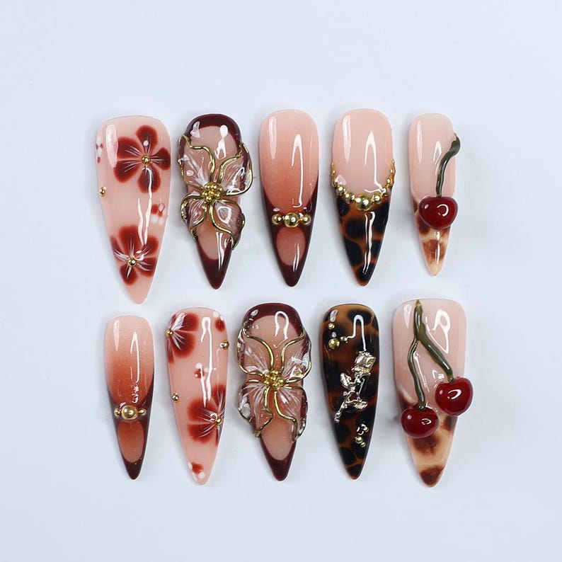 Dark Cherry Luxe – Glossy Floral & Cherry Design Press-On Nails