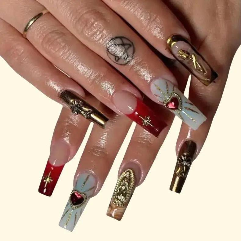 Gilded Heart Nails – Red & Gold Luxe Press-On Nails